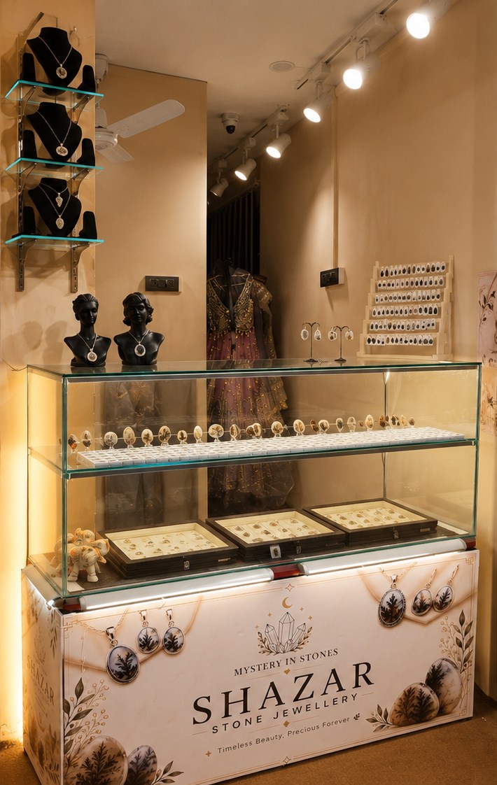 Mystery In Stones dendritic agate jewelry showroom display